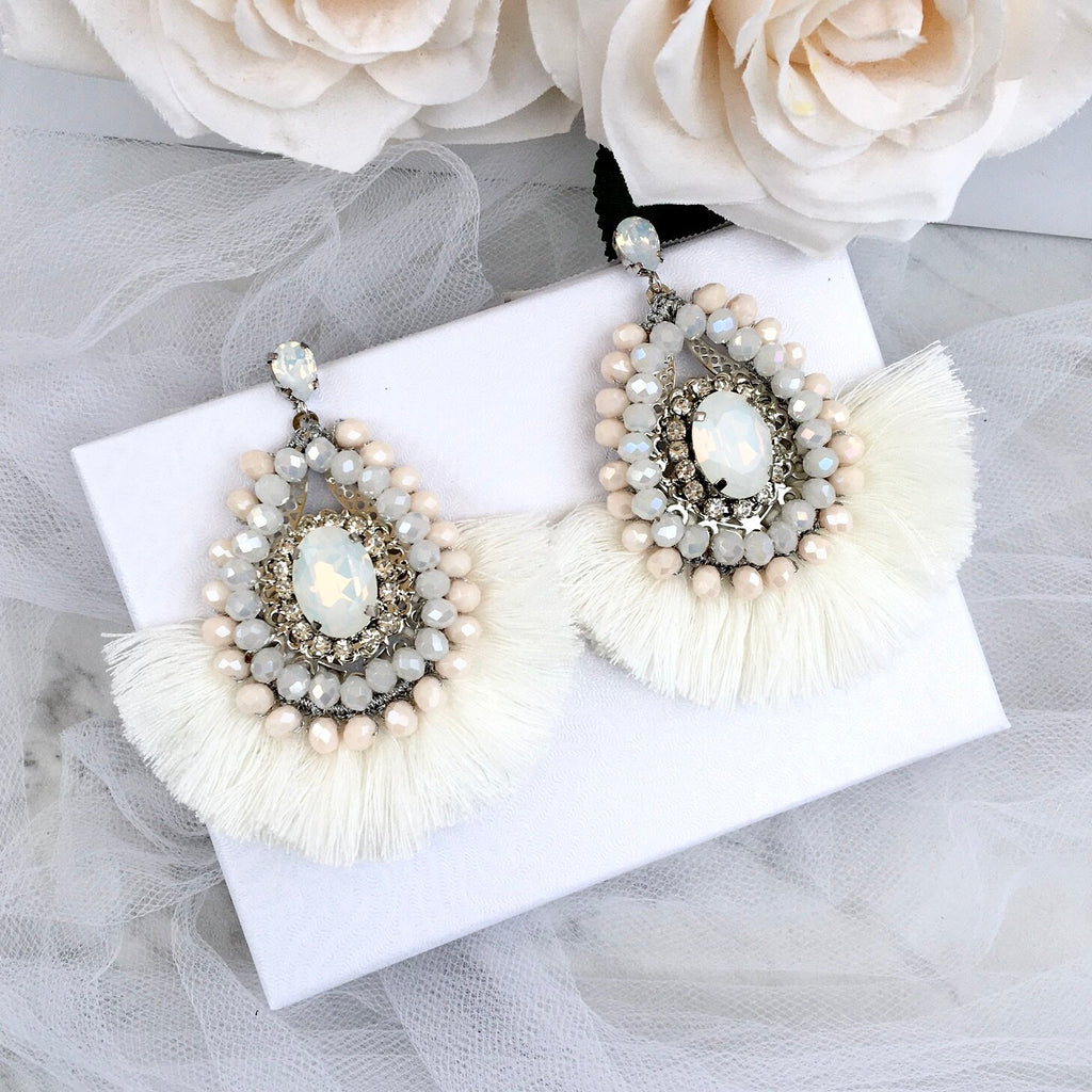 Wedding Jewelry - Opal Bridal Tassel Earrings