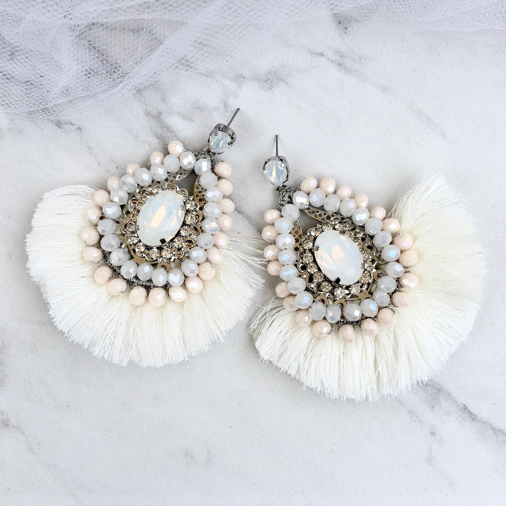 Wedding Jewelry - Opal Bridal Tassel Earrings
