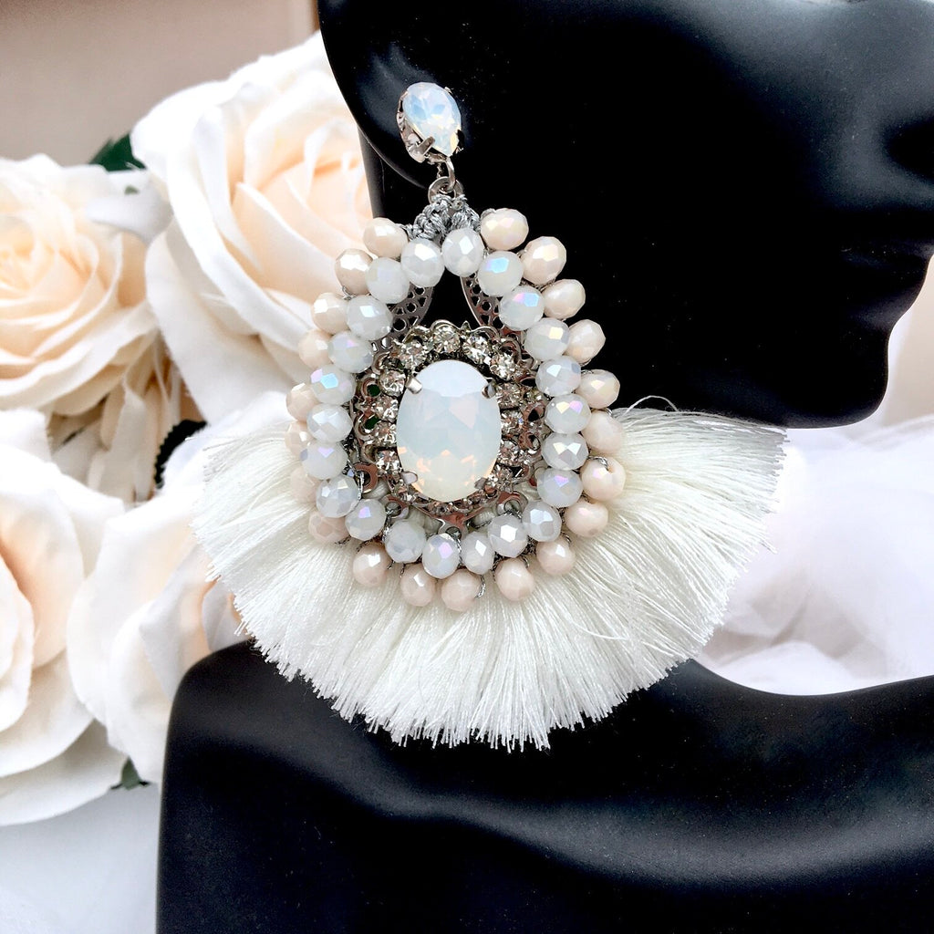 Wedding Jewelry - Opal Bridal Tassel Earrings