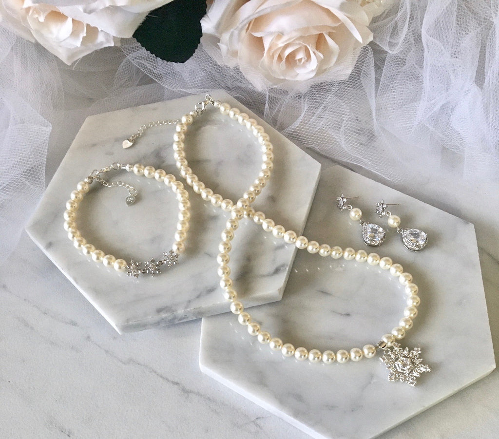 Wedding Pearl Jewelry - Winter Snowflake 3-Piece Bridal Jewelry Set