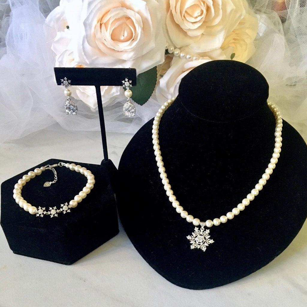 Wedding Pearl Jewelry - Winter Snowflake 3-Piece Bridal Jewelry Set