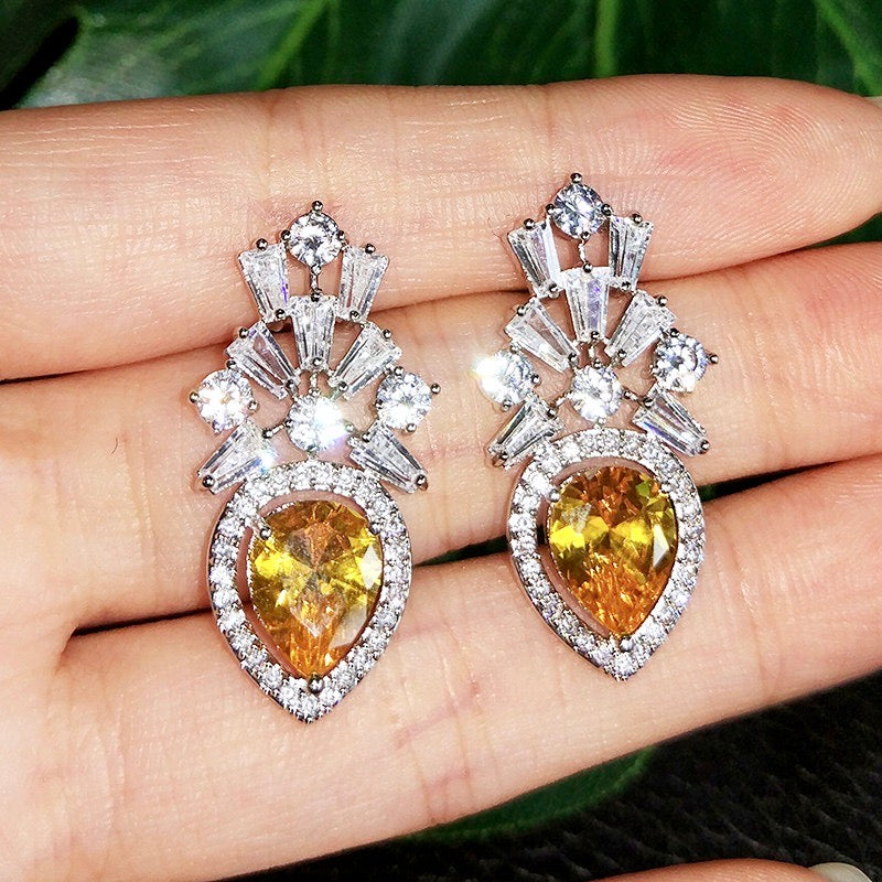 Wedding Jewelry - Yellow Cubic Zirconia Bridal Earrings
