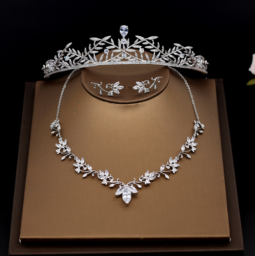 Wedding Jewelry and Accessories - Silver Cubic Zirconia Bridal 3-Piece Jewelry Set With Tiara