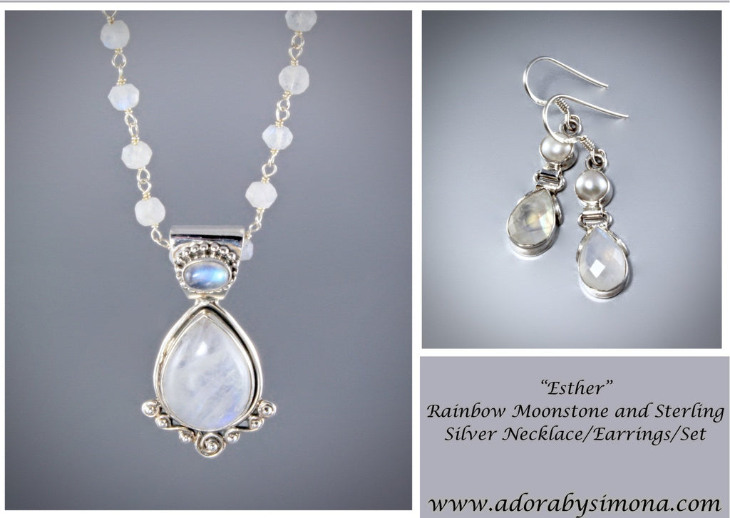 "Esther" - Rainbow Moonstone and Sterling Silver Necklace/Earrings/Set 