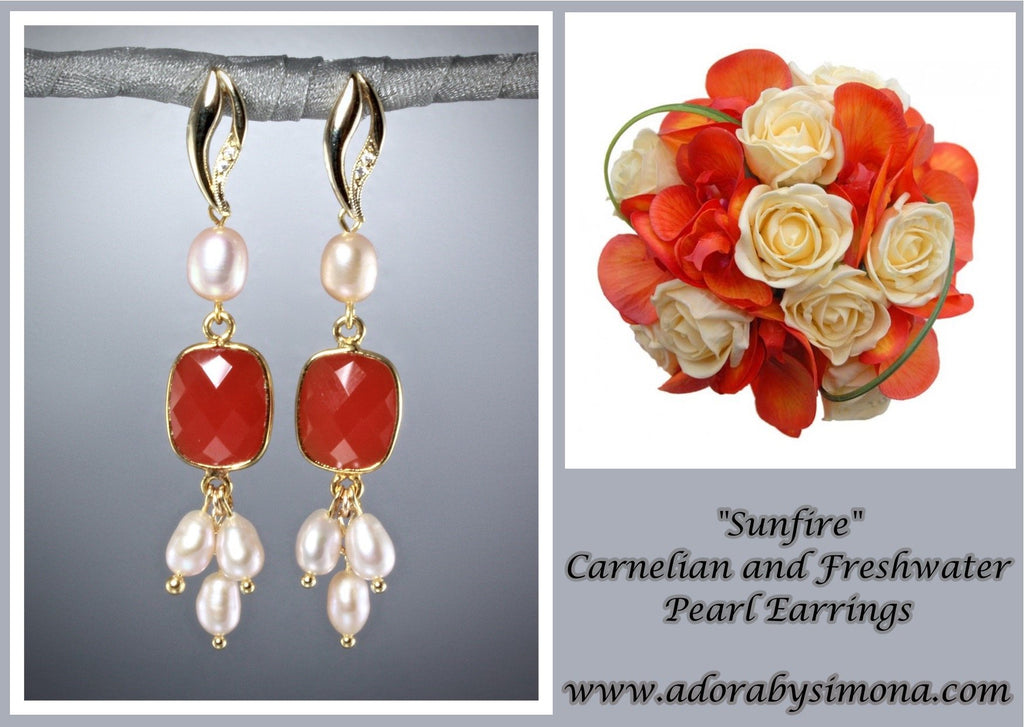 "Sunfire" - Carnelian and Freshwater Pearl Earrings