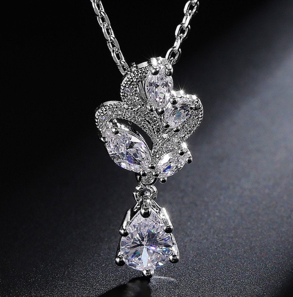 "Lotus" - Cubic Zirconia Bridal Necklace and Earrings Set - Available in Silver and Rose Gold