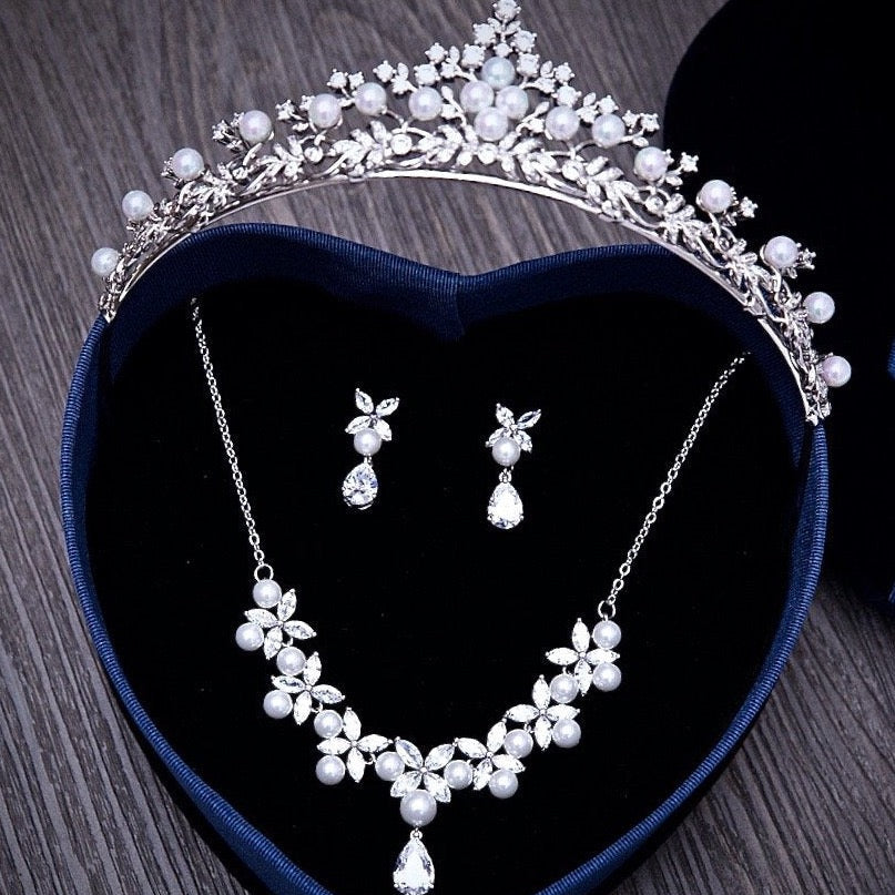 Wedding Jewelry and Accessories - Silver Cubic Zirconia and Pearl 3-Piece Bridal Jewelry Set with Tiara 