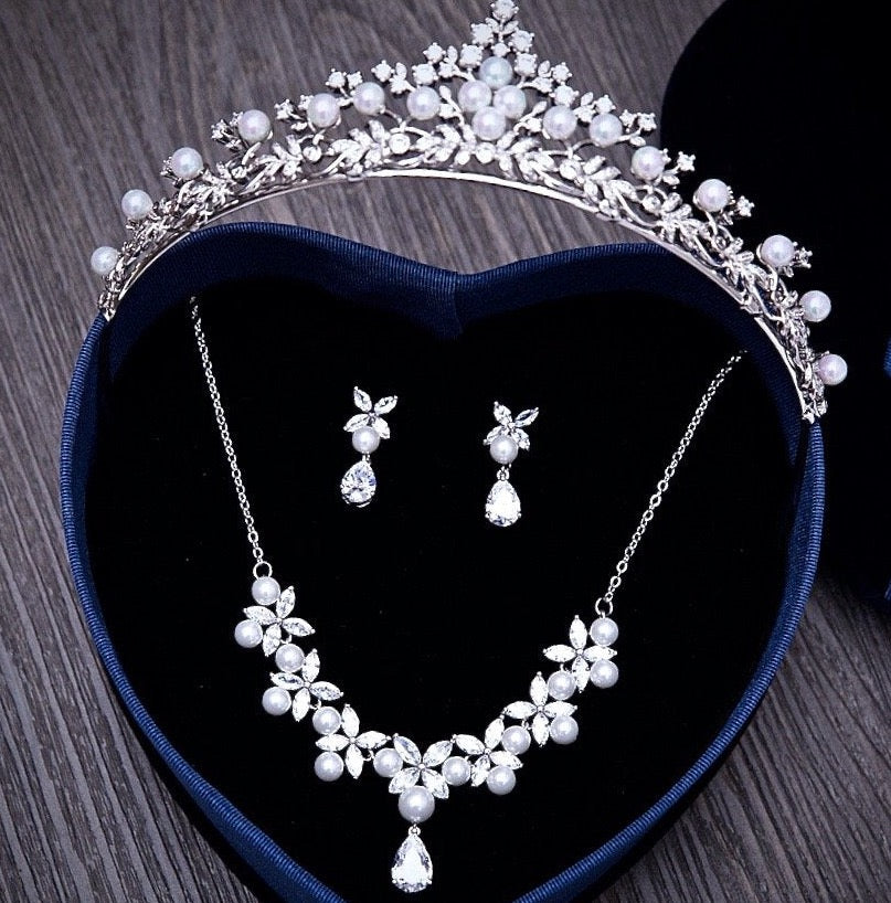 Wedding Jewelry and Accessories - Silver Cubic Zirconia and Pearl 3-Piece Bridal Jewelry Set with Tiara 