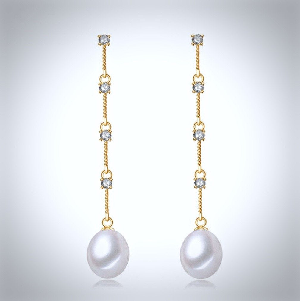 Wedding Jewelry - Pearl and Cubic Zirconia Bridal Earrings - Available in Silver and Yellow Gold