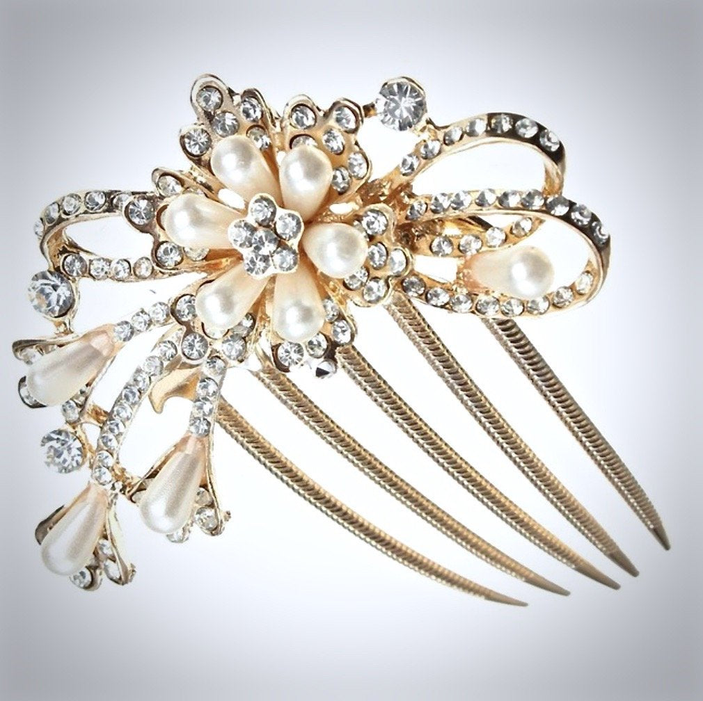 Wedding Hair Accessories - Pearl and Crystal Rose Gold Bridal Hair Comb
