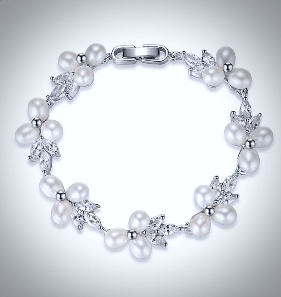 Pearl Wedding Jewelry - Freshwater Pearl and Cubic Zirconia Bridal Bracelet