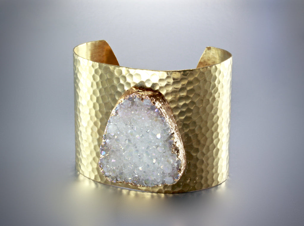 "Angel" - Gold Druzy Hammered Brass Cuff Bracelet 