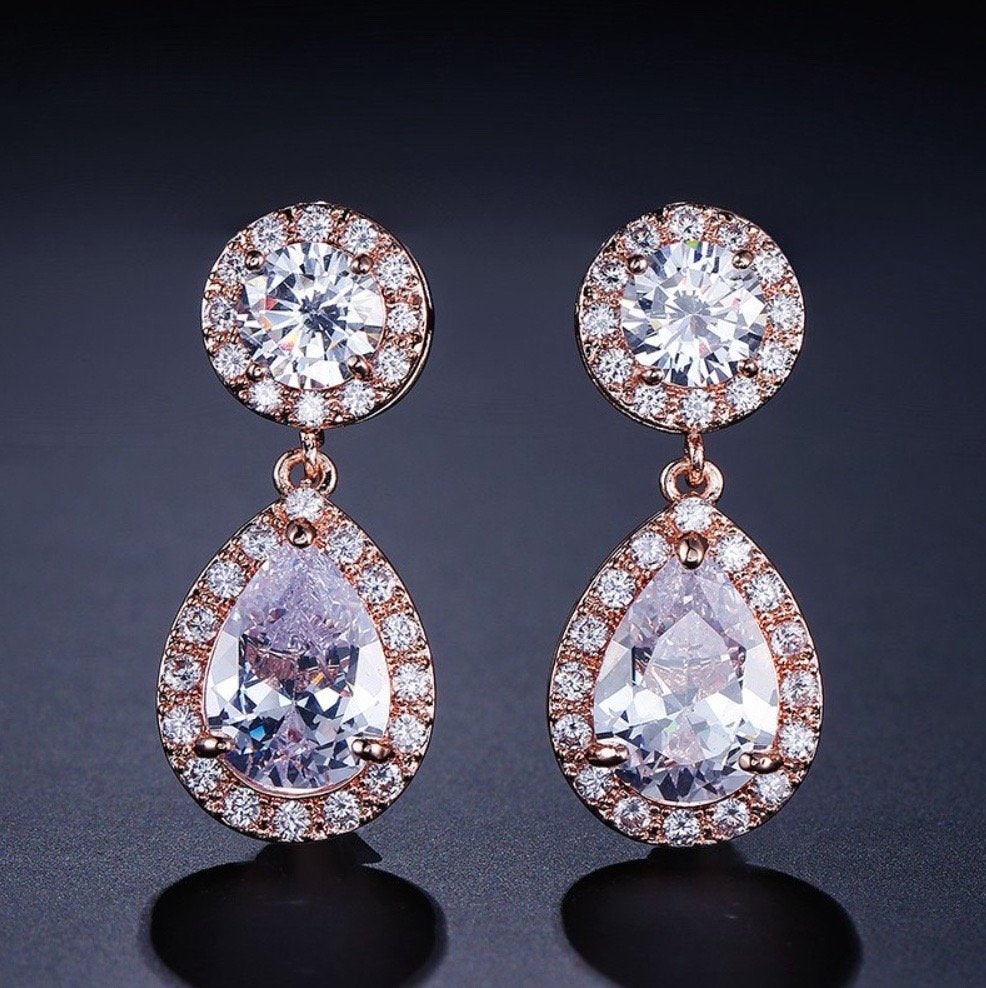 Wedding Jewelry - Silver Cubic Zirconia Bridal Earrings - Available in Rose Gold and Silver