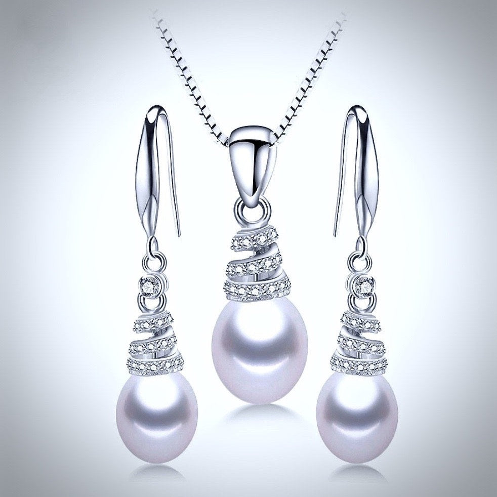 "Kalena" - Freshwater Pearl and Sterling Silver Bridal Necklace and Earrings Set