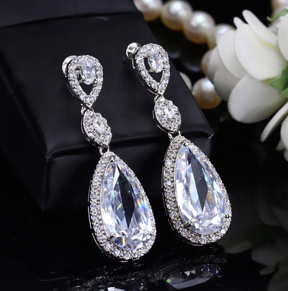 "Amy" - Silver Cubic Zirconia Bridal Earrings - More Colors Available