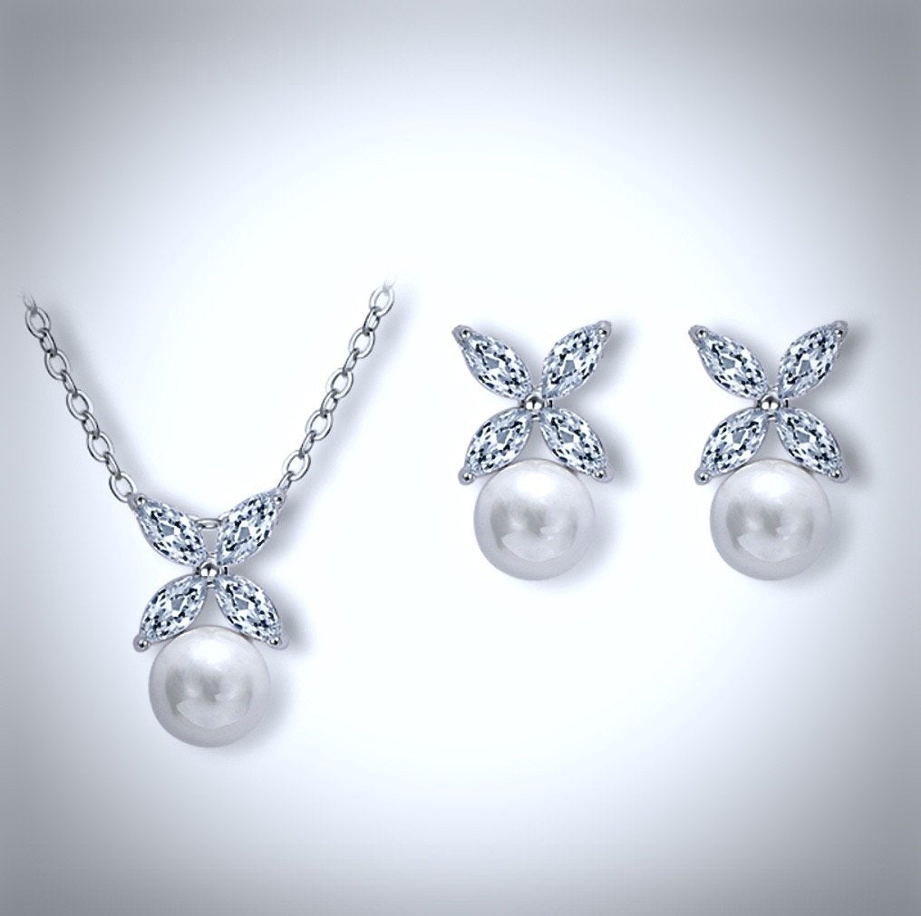Pearl Wedding Jewelry  - Pearl and Cubic Zirconia Jewelry Set - Available in Rose Gold and Silver