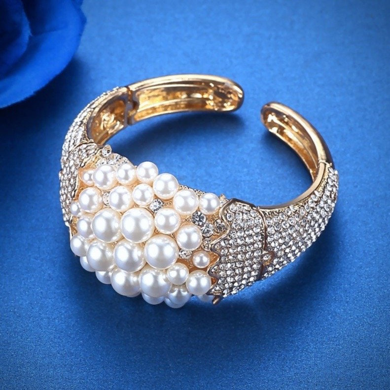 Wedding Pearl Jewelry - Pearl and Cubic Zirconia Gold Bridal Bracelet