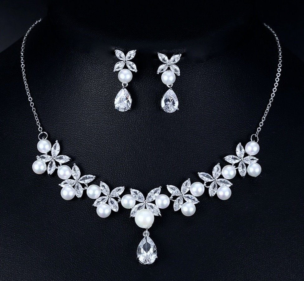 Wedding Jewelry and Accessories - Silver Cubic Zirconia and Pearl 3-Piece Bridal Jewelry Set with Tiara 