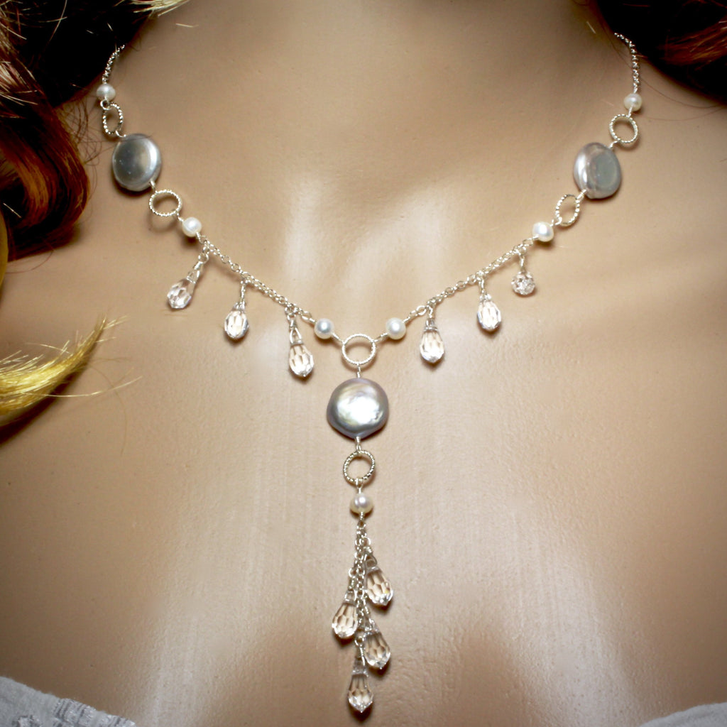 Bridal Jewelry Set Earring and Necklace  Swarovski Crystal Freshwater Pearl