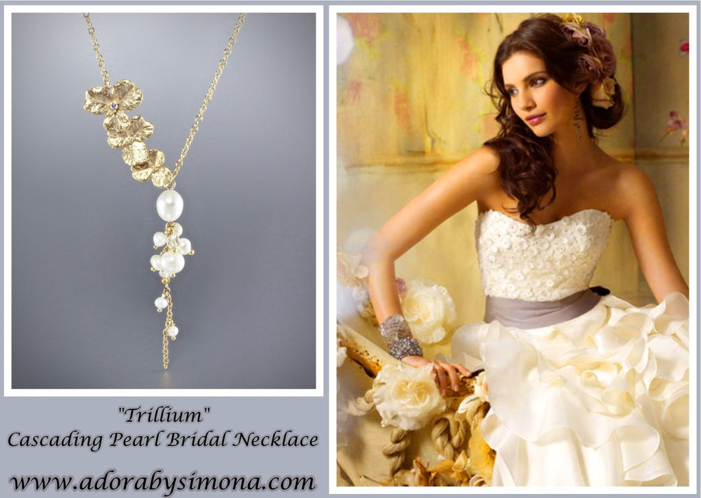 Pearl Bridal Jewelry - Cascading Pearl Bridal Necklace - Available in Gold and Silver