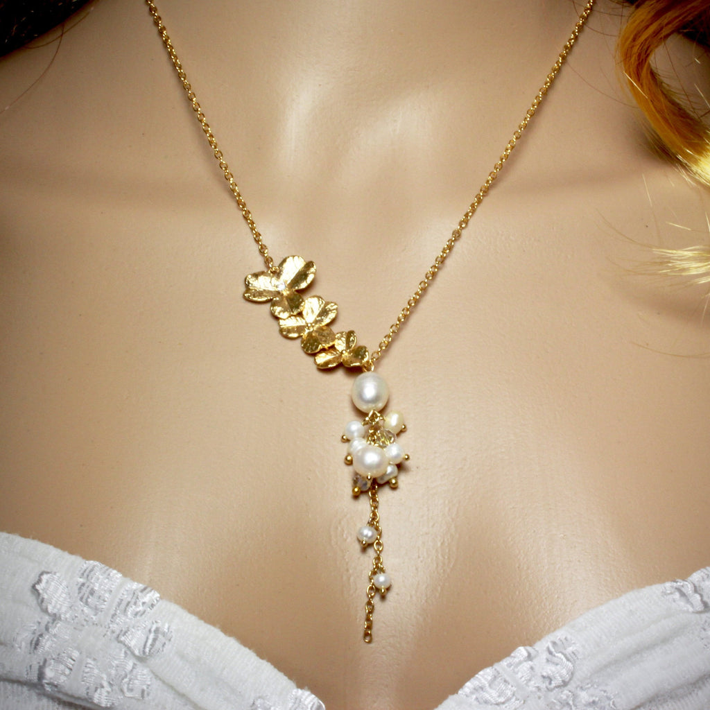 Pearl Bridal Jewelry - Cascading Pearl Bridal Necklace - Available in Gold and Silver