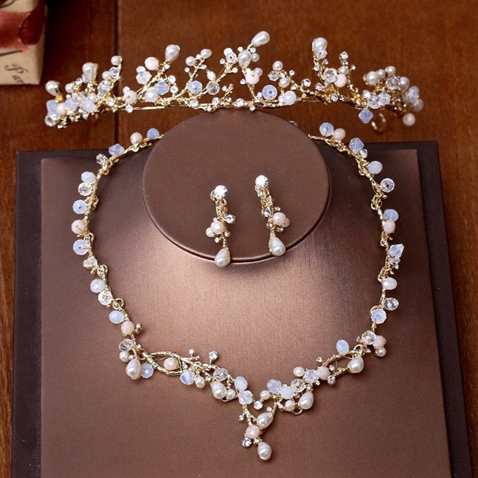 Pearl Wedding Jewelry - Pearl and Cubic Zirconia Bridal 3-Piece Jewelry Set With Tiara - Available in Yellow Gold and Silver