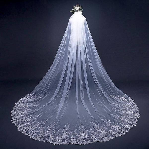Adora by Simona Wedding Veils - Bridal Lace and 3D Flowers Mantilla Veil - Cathedral Length